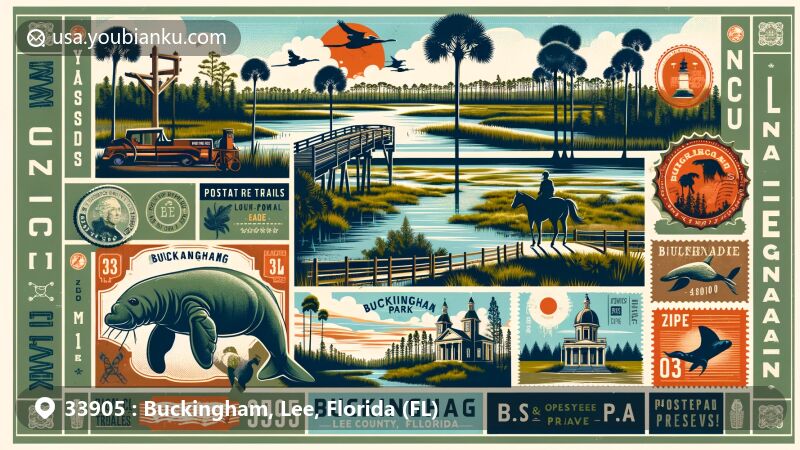Creative and modern illustration of Buckingham area, Lee County, Florida, showcasing local landmarks like Buckingham Park and Buckingham Trails Preserve, depicting hiking, equestrian trails, and dog-friendly areas, with imagery of pine flatwoods and open scrub habitats.