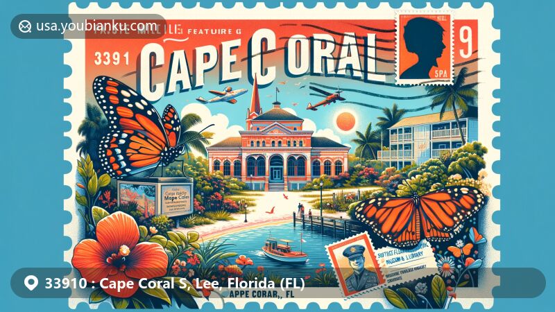 Captivating illustration of Cape Coral, Lee, Florida, highlighting ZIP code 33910, showcasing Cape Coral Museum of History, Tom Allen Memorial Butterfly Garden, Southwest Florida Military Museum & Library, and Cape Coral Historical Museum.