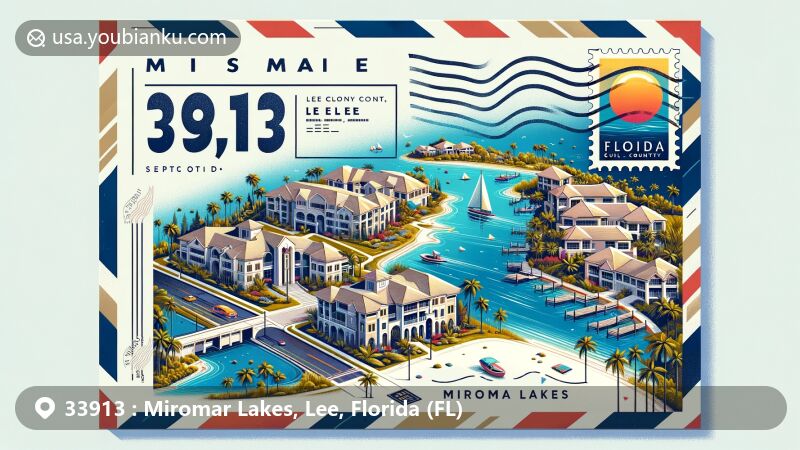 Modern illustration of Miromar Lakes, Lee, Florida, showcasing vibrant essence of ZIP code 33913 with iconic landmarks like FGCU Alico Arena and waterfront villas under a bright blue sky.