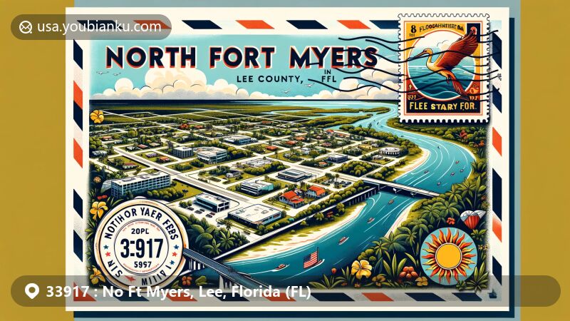 Modern illustration of North Fort Myers, Lee County, Florida, showcasing postal theme with ZIP code 33917, featuring Caloosahatchee River, Florida State Road 78, local flora, and state flag, in wide-format postcard style.