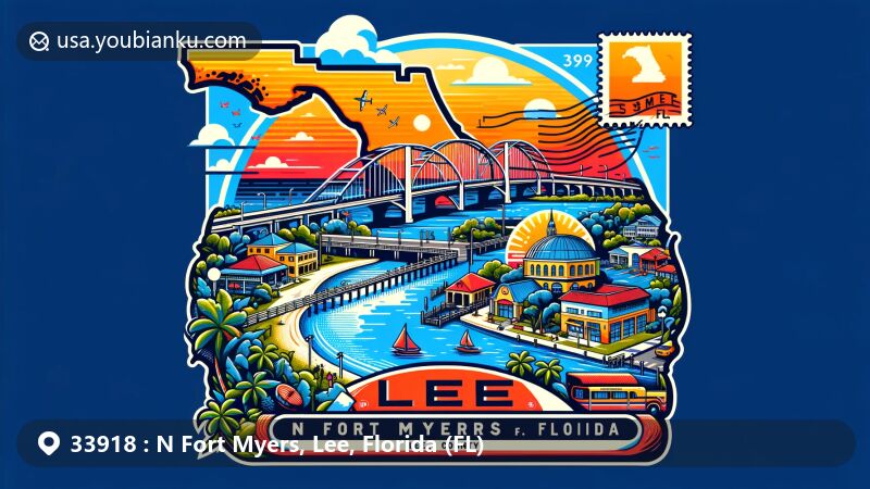 Modern illustration of N Fort Myers, Lee County, Florida, highlighting ZIP code 33918, featuring Caloosahatchee Bridge and Florida's natural beauty, incorporating postal elements like postcard design and state flag stamp.