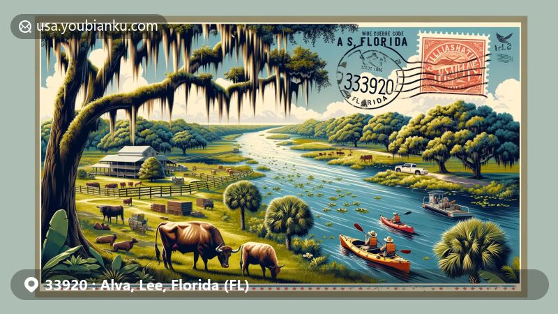 Modern illustration showcasing the tranquil beauty of Alva, Florida in the ZIP code 33920, featuring a riverside landscape, kayakers, farmland, grazing cattle, and Florida flora against a backdrop of oak trees with Spanish moss.