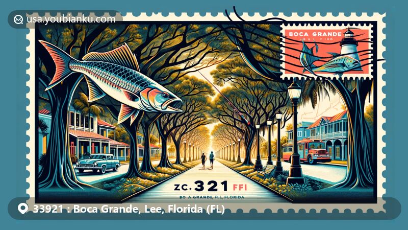 Modern illustration of Boca Grande, Lee County, Florida, featuring famous Banyan Street, Port Boca Grande Lighthouse, and tarpon fishing heritage, with postal theme highlighting ZIP code 33921.