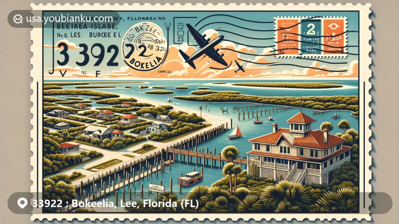 Modern illustration of Bokeelia, Lee County, Florida, highlighting picturesque Pine Island scenery and iconic postal elements, including historic Little Bokeelia Island, inventor's mansion, and vintage postal motifs.