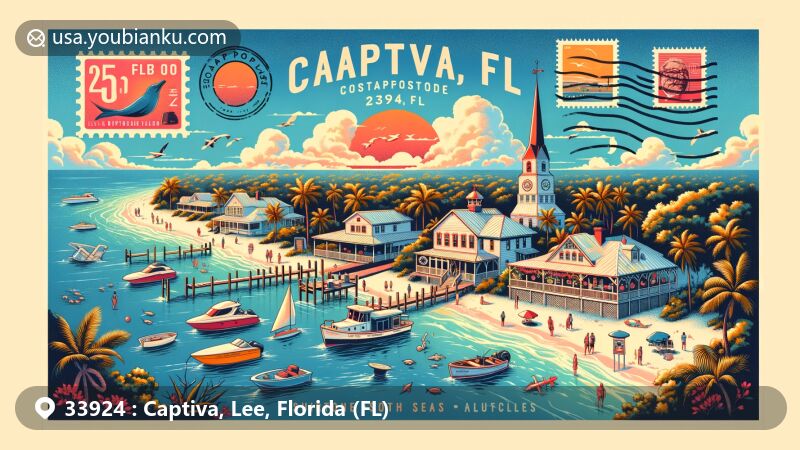 Modern illustration of Captiva area, ZIP code 33924, Florida, featuring postcard theme with iconic landscapes, beaches, natural flora and fauna, Bubble Room restaurant, and South Seas Island Resort.