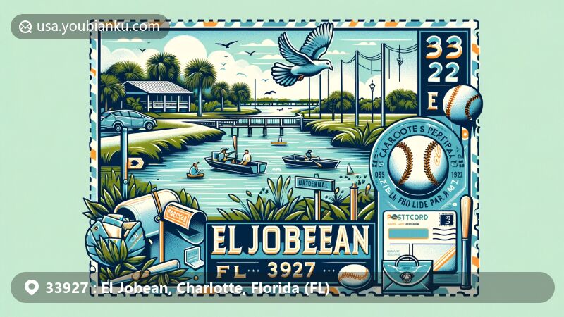 Serene illustration of El Jobean, Charlotte County, Florida, with ZIP code 33927, featuring Myakka River and postcard symbolizing tranquility and natural beauty, with Charlotte Sports Park icon and postal elements.