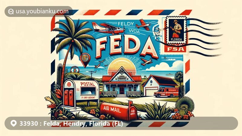 Vibrant illustration of Felda, Hendry County, Florida, capturing postal theme with a vintage air mail envelope showcasing community park, fire department, palm trees, and sunny skies.