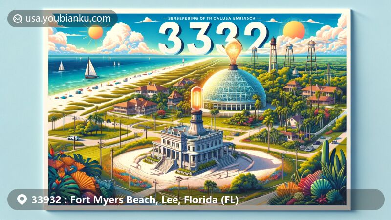 Modern illustration of Fort Myers Beach, Florida, highlighting ZIP code 33932, featuring iconic landmarks like Edison and Ford Winter Estates, Mound House, and local postal elements, set against backdrop of sandy beaches and tropical flora.