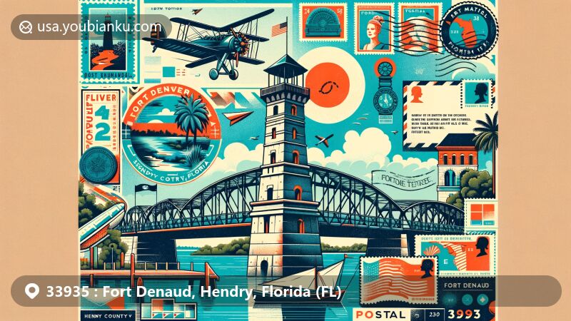 Modern illustration of Fort Denaud, Hendry County, Florida, combining historical and postal motifs, featuring the Caloosahatchee River and Fort Denaud Bridge in a swing-style design.