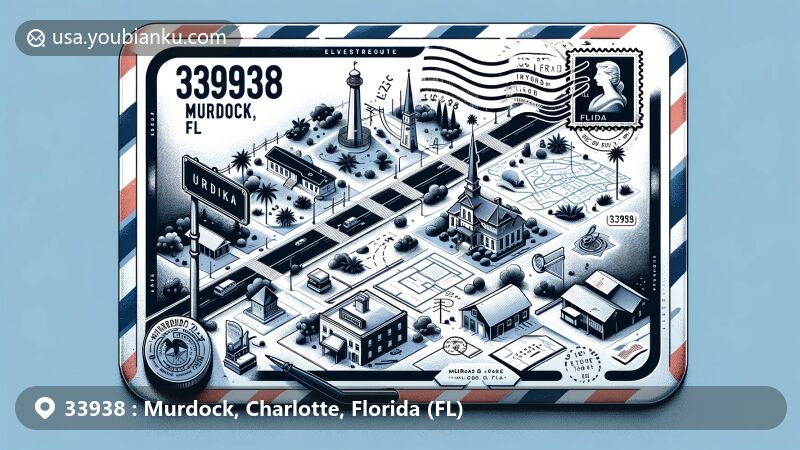 Modern illustration of Murdock, FL, showcasing postal theme with historical marker, village plan, and postmark stamp, including Florida state symbols.