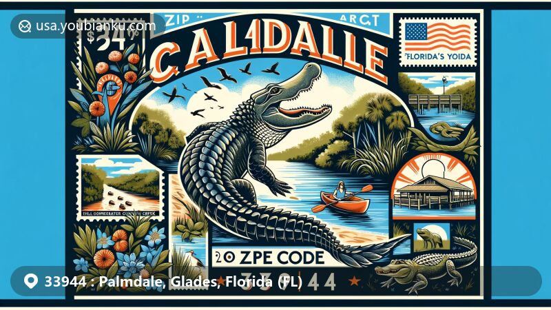 Modern illustration of Palmdale, Glades County, Florida, featuring a creative postcard design with Fisheating Creek and Gatorama elements, highlighting the area's natural beauty and wildlife attractions.