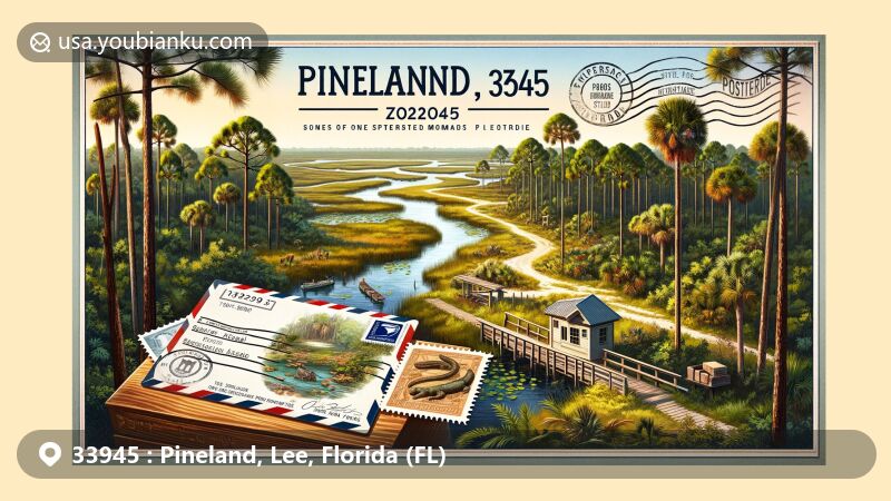 Modern illustration of Pineland, Lee County, Florida, capturing the charm of Calusa Heritage Trail with ZIP code 33945, showcasing Calusa Indian mounds, canal systems, and native vegetation.