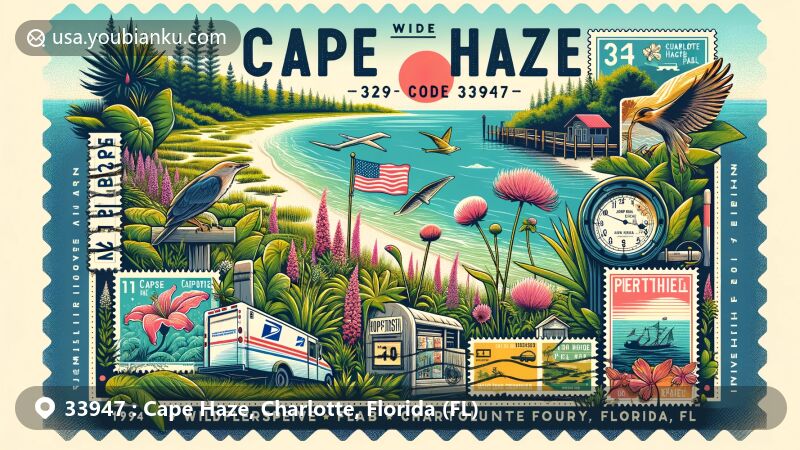 Modern illustration of Zip Code 33947, Cape Haze in Charlotte County, Florida, featuring Wildflower Preserve and Cape Haze Pioneer Trail, blending natural landmarks with postal elements.