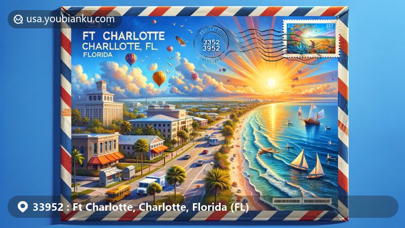 Modern illustration of Port Charlotte, Charlotte County, Florida, highlighting ZIP code 33952, featuring the Cultural Center of Charlotte County, sunny beaches, and palm trees.