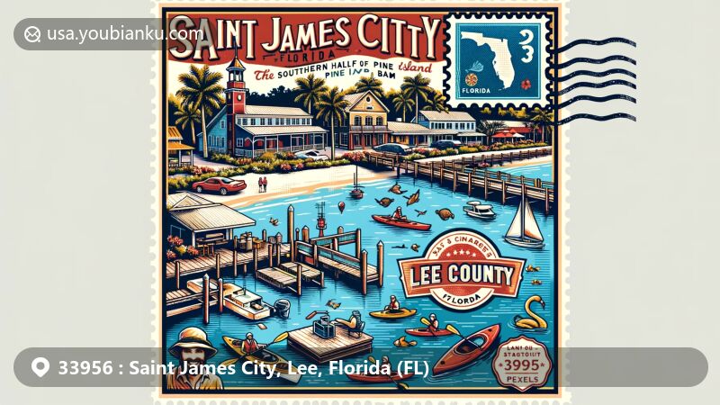 Modern illustration of Saint James City, Lee County, Florida, highlighting postal theme with ZIP code 33956. Features include Pine Island, San Carlos Bay waterfronts, dining, kayaking, birdwatching, and local charm.