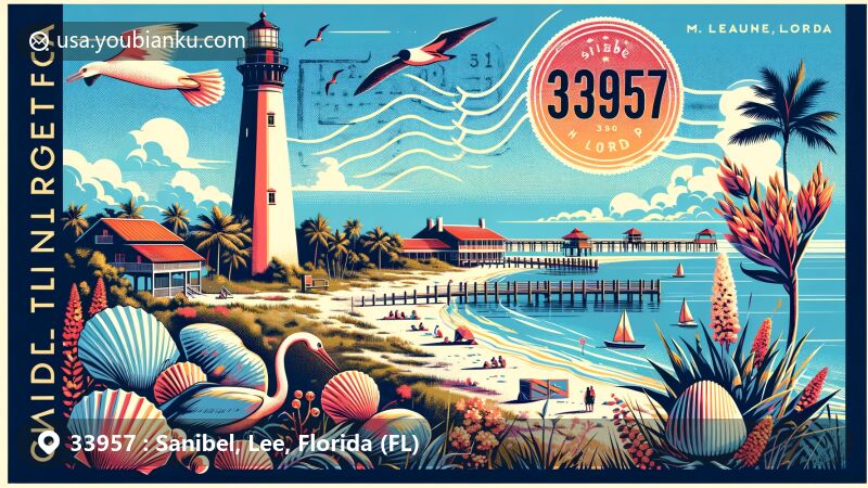 Modern illustration of Sanibel, Lee County, Florida, highlighting iconic locations and natural beauty, including Sanibel Lighthouse, Causeway Islands Park, J.N. 'Ding' Darling National Wildlife Refuge, and beautiful shell beaches, with a postal theme showcasing ZIP code 33957.