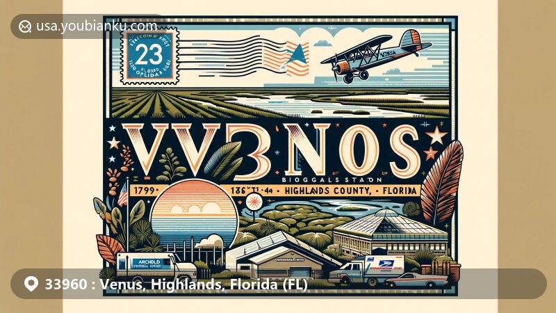 Modern illustration of Venus, Highlands County, Florida, showcasing ZIP code 33960 with postal and geographical elements, including Archbold Biological Station and Florida state symbols.