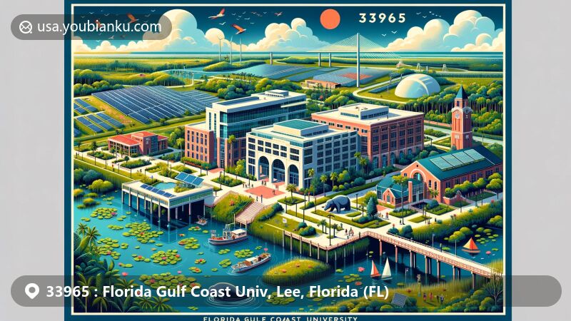 Modern illustration of ZIP code 33965, Lee County, Florida, featuring Florida Gulf Coast University with Lutgert College of Business, Marieb Hall, and Alico Arena. Displays environmental sustainability with solar field and wetland ecosystems, showcasing local wildlife and landscapes like Manatee Park and Estero Bay Preserve State Park.
