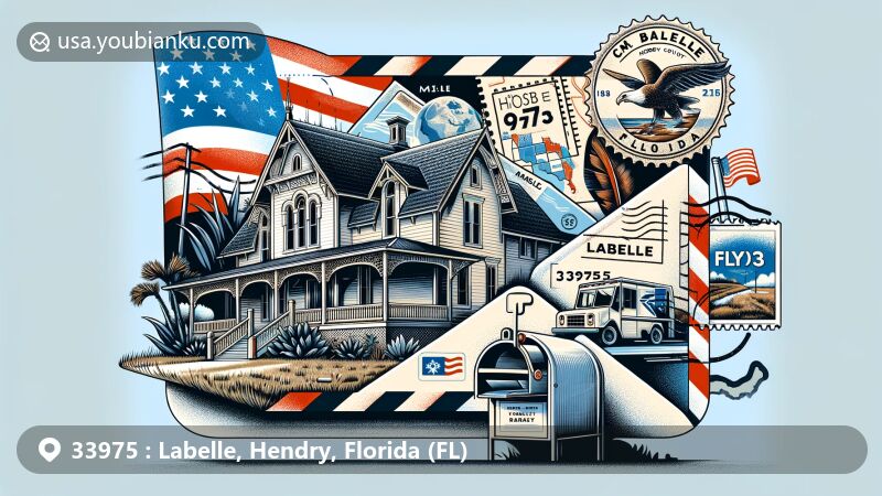 Creative illustration featuring ZIP Code 33975, showcasing Capt. Francis A. Hendry House in Labelle, Florida, surrounded by Florida symbols and postal elements.