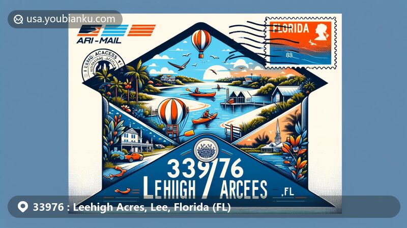 Modern illustration of Lehigh Acres, Lee County, Florida, inspired by airmail envelope theme with ZIP code 33976, featuring natural beauty, fishing, kayaking, and Florida state flag.