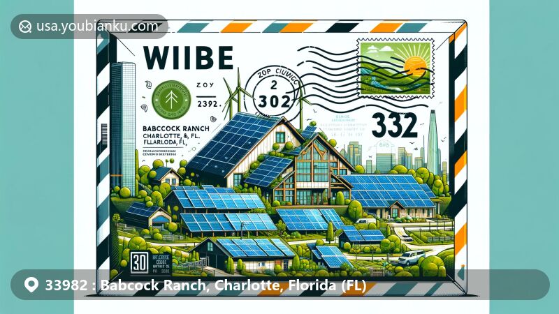 Modern illustration of Babcock Ranch, Charlotte County, Florida, showcasing eco-centric features in a creatively designed airmail envelope with solar panels and green buildings.