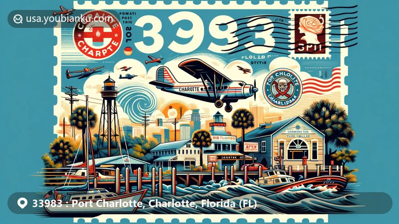 Modern illustration of Port Charlotte, Charlotte County, Florida, featuring ZIP code 33983, showcasing Charlotte Harbor, Hurricane Charley, Hurricane Ian, local arts scene, and postal elements.