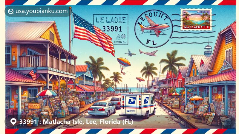 Artistic depiction of Matlacha Isle, Florida, embracing airmail theme with ZIP code 33991, featuring colorful cottages, art galleries, and seaside vibe, incorporating Florida state flag and Lee County symbol.