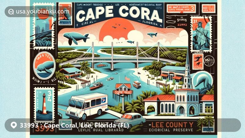 Modern illustration of Cape Coral, Lee County, Florida, incorporating postal theme with ZIP code 33993, featuring Midpoint Memorial Bridge, public libraries, Sirenia Vista Park for manatee viewing, and Four Mile Cove Ecological Preserve.
