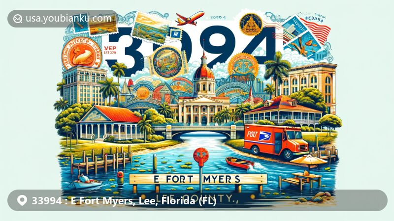 Modern illustration of E Fort Myers, Lee County, Florida, showcasing postal theme with ZIP code 33994, featuring natural beauty and historical landmarks.