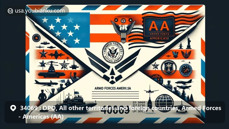 Modern illustration of postal theme with airmail envelope background, American flag, military symbols, and ZIP code 34069, reflecting Armed Forces Americas.