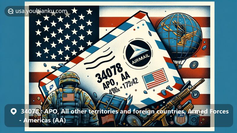 Modern illustration of military and postal services, representing ZIP Code 34078, APO, All other territories, and Armed Forces - Americas (AA), featuring airmail envelope, U.S. flag, postmark '34078 APO, AA,' global service symbol, and integrated military elements.