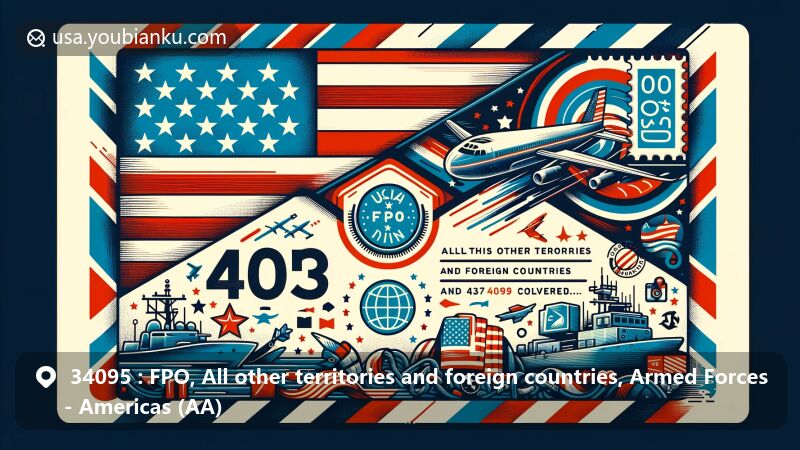 Modern illustration of FPO ZIP Code 34095, showcasing airmail envelope with American flag, military symbols, postmark, and globe highlighting Americas, representing global military influence.