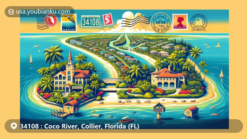 Modern illustration of Coco River, Collier, Florida (FL), highlighting postal theme with ZIP code 34108, featuring scenic Naples coastline, luxurious waterfront properties, lush tropical vegetation, and Gulf of Mexico waters.