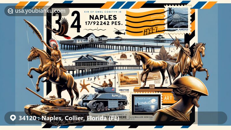 Modern illustration of Naples, Florida's zip code 34120 area, featuring Naples Pier, Collier County Museum exhibits including Seminole Indian village reconstruction and World War II-era Sherman tank, landmark sculptures like Freedom Horses, Mustang Canyon, and La Donna, with postal elements like airmail envelope, stamps, postmark, mailbox, and postal van.