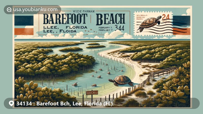 Vivid illustration of Barefoot Beach Preserve in Lee County, Florida, capturing the untouched beauty of a barrier island with mangrove swamps, tidal creeks, and diverse wildlife.