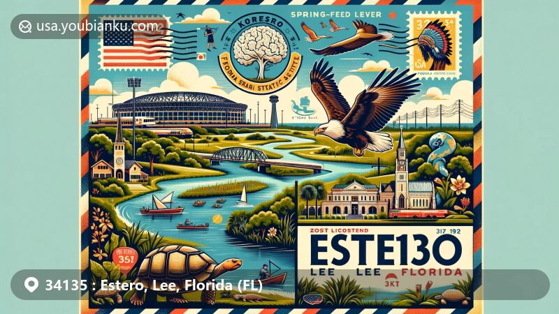Modern illustration of Estero, Lee County, Florida, embodying ZIP code 34135, with Estero River flowing into Estero Bay, featuring gopher tortoises, bald eagles, Koreshan State Historic Site, Hertz Arena, vintage air mail envelope, Florida state flag stamp, and postal mark.
