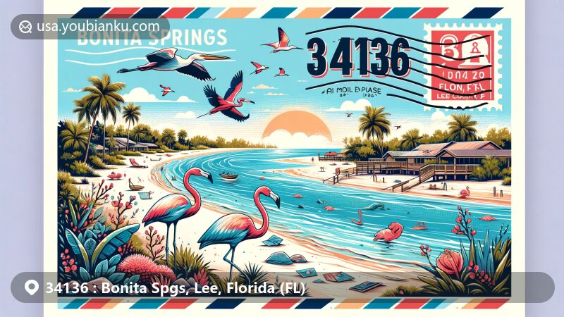 Modern illustration of Bonita Springs, Lee County, Florida, capturing postal theme with ZIP code 34136, featuring Gulf of Mexico beaches, Estero Bay, Lover's Key State Park, and Florida state symbols.