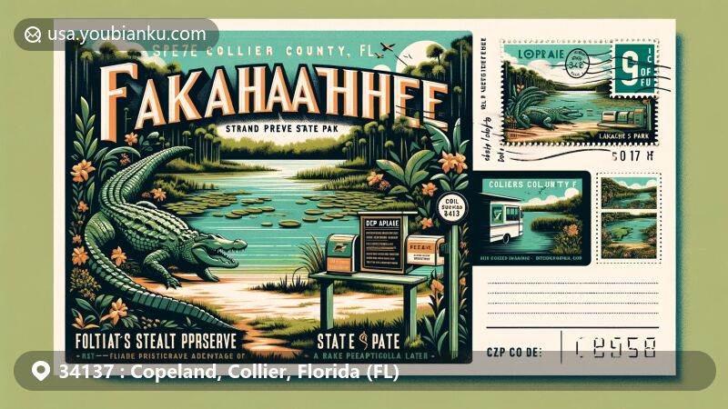 Modern illustration of Copeland, Collier County, Florida, showcasing Fakahatchee Strand Preserve State Park with alligators, panthers, and Deep Lake surrounded by subtropical flora, incorporating ZIP code 34137 and traditional postcard elements.