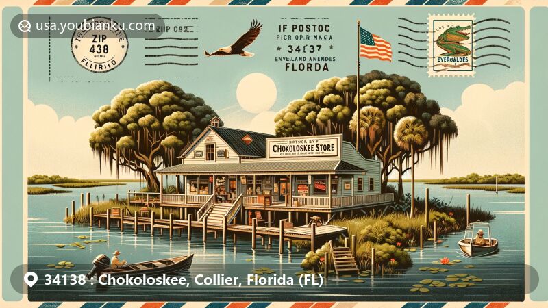 Modern illustration of Chokoloskee, Florida, displaying the historic Ted Smallwood Store surrounded by mangroves and estuaries, featuring Everglades National Park symbols like bald eagles and alligators, with a vintage air mail envelope framing the scene.
