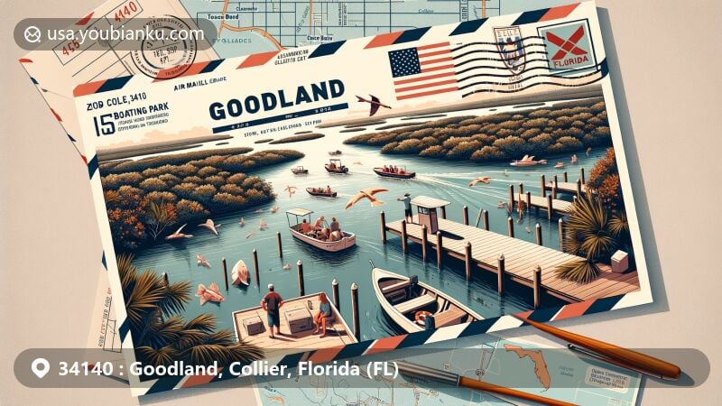 Modern illustration of Goodland, Florida, highlighting the charm of ZIP code 34140 in Collier County, featuring Goodland Boating Park and connections to Ten Thousand Islands and the Gulf of Mexico.