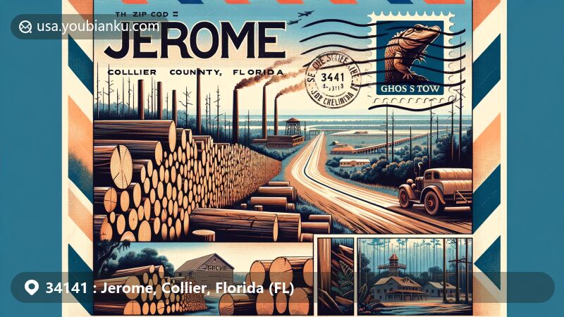 Vintage illustration of Jerome, Collier County, Florida, capturing the historical logging town vibes with ghost town theme, scenic Loop Road, Seminole Indian Reservation nods, and iconic Florida alligator stamp.