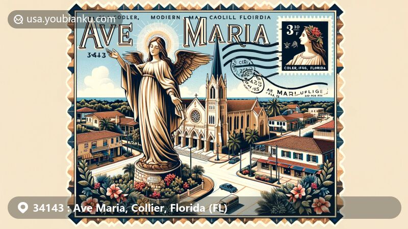 Modern illustration of Ave Maria, Collier, Florida, featuring postal code 34143 and iconic Annunciation sculpture at the Ave Maria Oratory Church, Mediterranean Revival town center, small shops, and Ave Maria University.