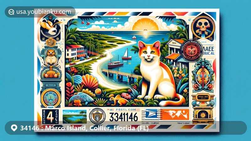 Modern illustration of Marco Island, Collier, Florida, featuring postal theme with ZIP code 34146, showcasing the Key Marco Cat, Gulf of Mexico, and historical landmarks in a postcard design.