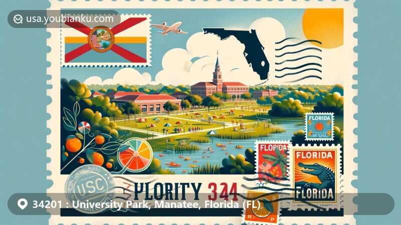 Vibrant illustration of University Park, Manatee, Florida, blending regional charm with postal elements, featuring ZIP code 34201 and Florida state symbols.