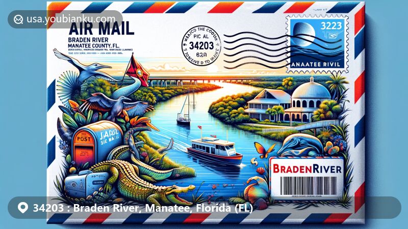 Creative illustration of Braden River, Manatee County, Florida, with air mail envelope showcasing ZIP code 34203, featuring Jiggs Landing, Braden River, Florida state symbols, and postal imagery.