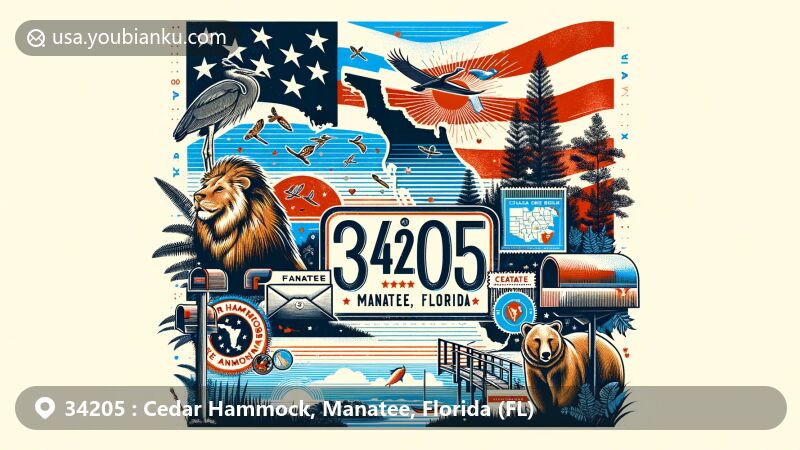 Modern illustration of Cedar Hammock, Manatee County, Florida, integrating ZIP code 34205 with state flag backdrop, local landscapes, and wildlife, blending regional and postal motifs.