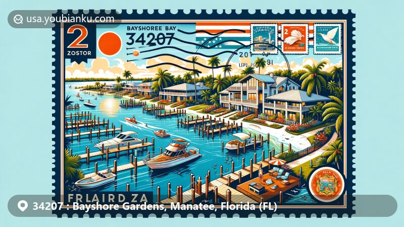 Modern illustration of Bayshore Gardens, Manatee County, Florida, featuring Sarasota Bay, mid-century homes, Olympic-size swimming pool, marina setting, postal elements, and Florida state flag.