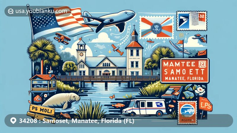 Modern illustration of Samoset, Manatee County, Florida, showcasing ZIP code 34208, featuring Manatee Village Historical Park, Florida state symbols, and postal elements like vintage postcard design, air mail envelope, postage stamps, and a mail truck.