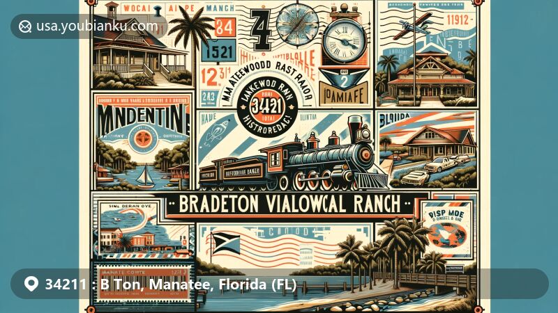 Modern illustration of Bradenton and Lakewood Ranch areas in Manatee County, Florida, representing ZIP code 34211, featuring Manatee Village Historical Park with a 1913 Baldwin Locomotive, symbolic of local history, alongside Florida elements like palm trees and the coastline in a contemporary style.