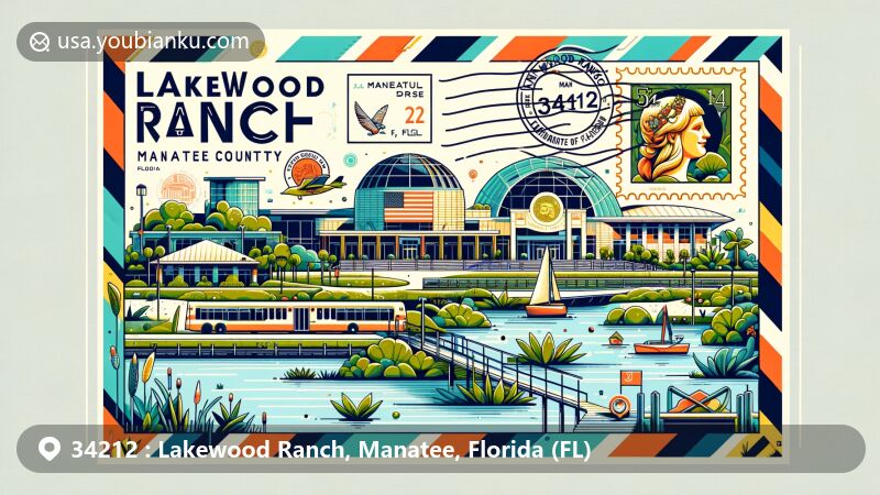 Modern illustration of Lakewood Ranch, Manatee County, Florida, with a postal theme and ZIP code 34212, showcasing regional landmarks and postal elements.